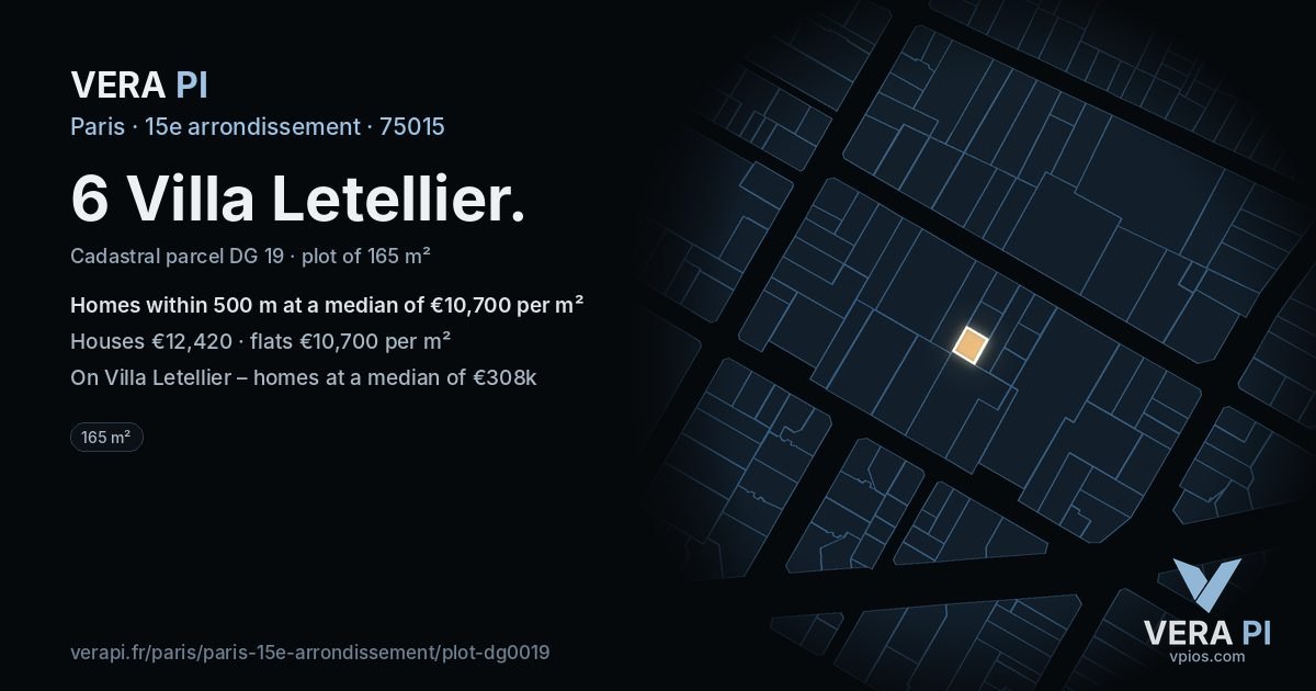 6 Villa Letellier, 15e arrondissement at night – the plot lit, the parcels around coloured by the prices near them