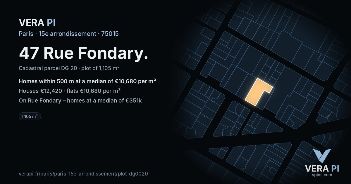 47 Rue Fondary, 15e arrondissement at night – the plot lit, the parcels around coloured by the prices near them