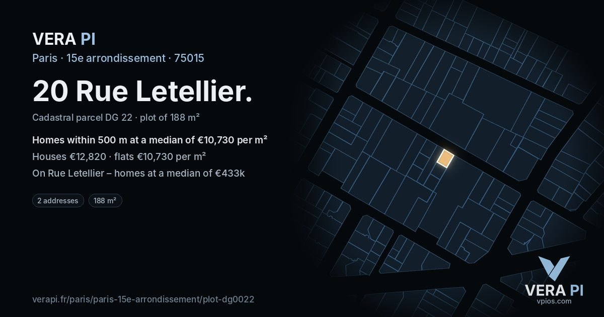 20 Rue Letellier, 15e arrondissement at night – the plot lit, the parcels around coloured by the prices near them