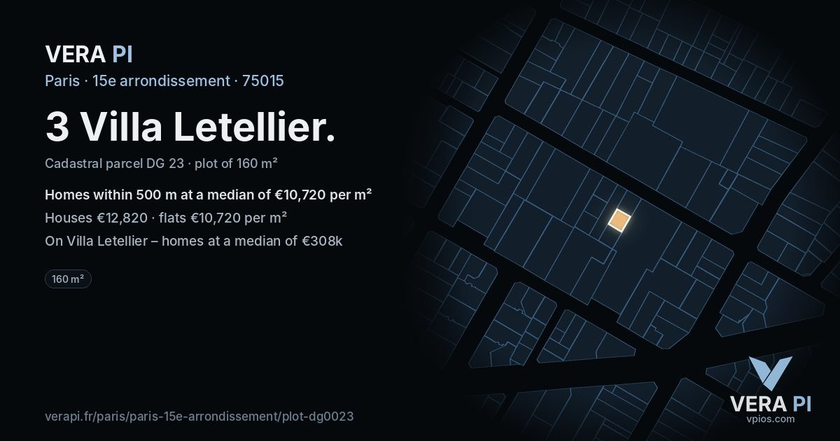 3 Villa Letellier, 15e arrondissement at night – the plot lit, the parcels around coloured by the prices near them