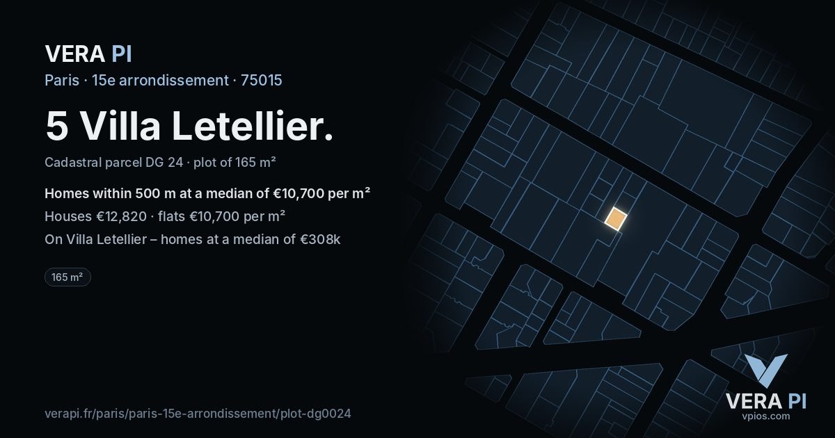 5 Villa Letellier, 15e arrondissement at night – the plot lit, the parcels around coloured by the prices near them