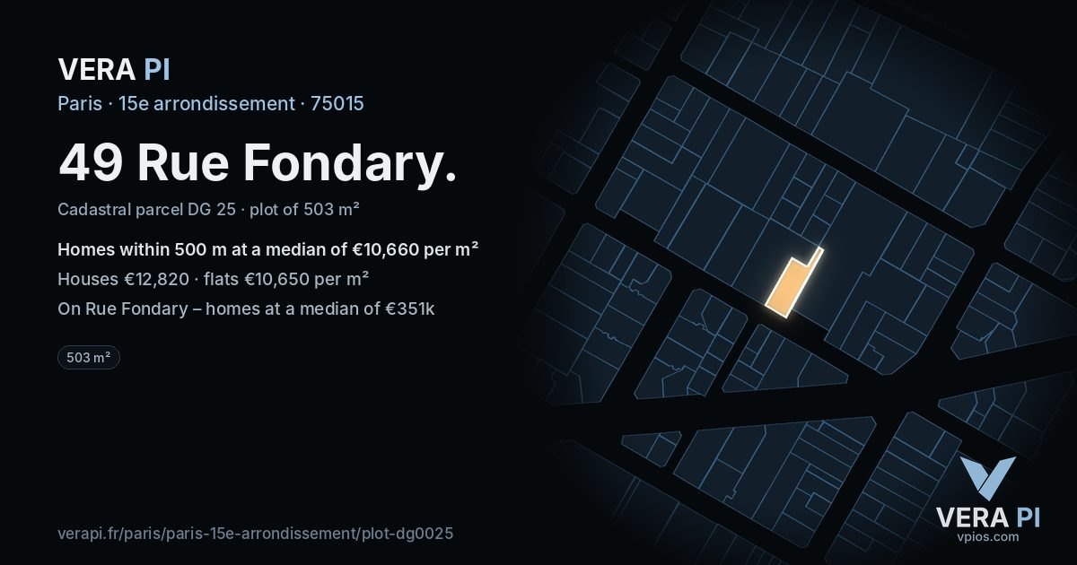 49 Rue Fondary, 15e arrondissement at night – the plot lit, the parcels around coloured by the prices near them