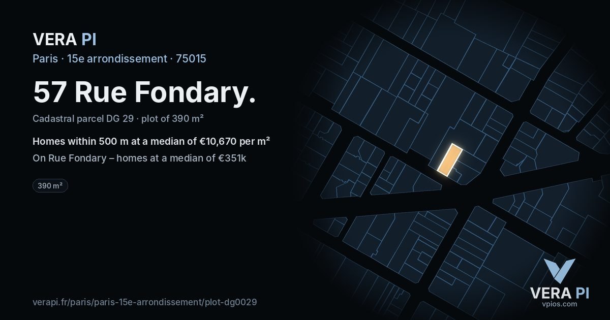 57 Rue Fondary, 15e arrondissement at night – the plot lit, the parcels around coloured by the prices near them