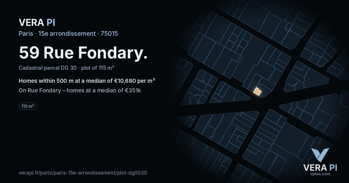 59 Rue Fondary, 15e arrondissement at night – the plot lit, the parcels around coloured by the prices near them