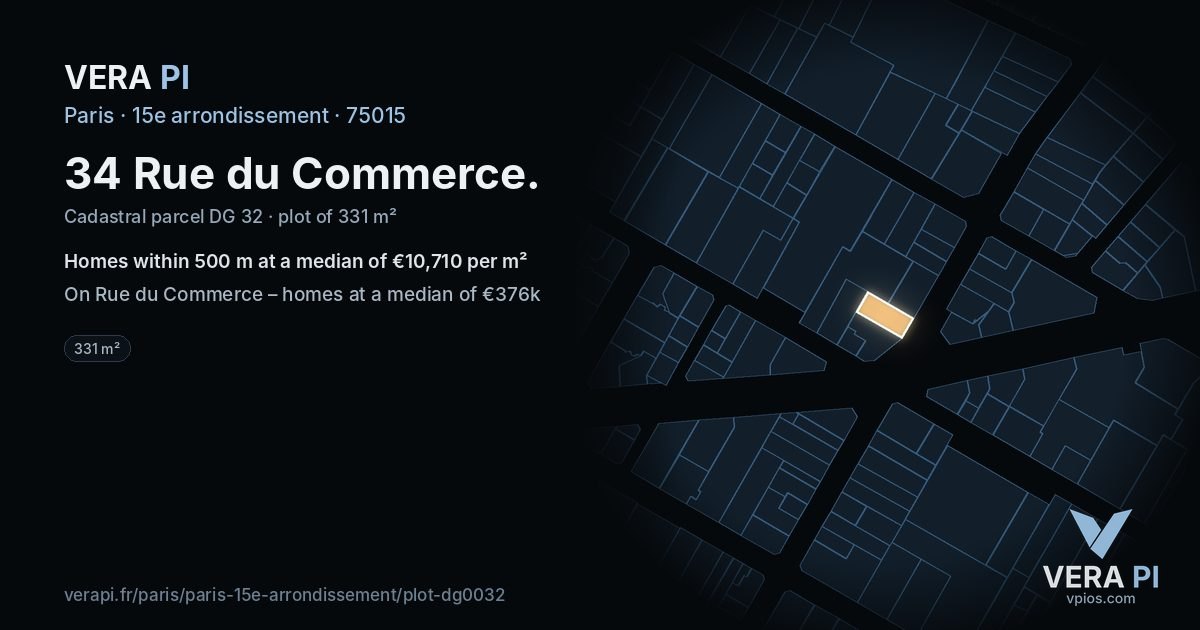 34 Rue du Commerce, 15e arrondissement at night – the plot lit, the parcels around coloured by the prices near them