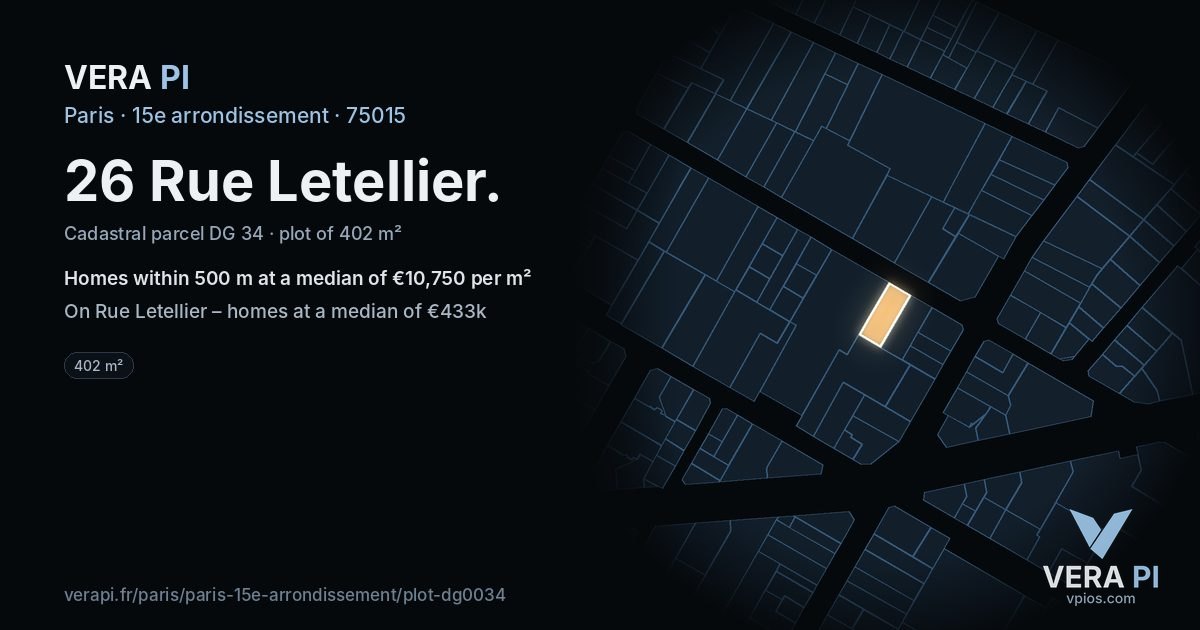 26 Rue Letellier, 15e arrondissement at night – the plot lit, the parcels around coloured by the prices near them