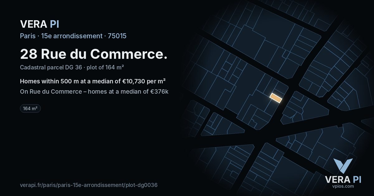 28 Rue du Commerce, 15e arrondissement at night – the plot lit, the parcels around coloured by the prices near them