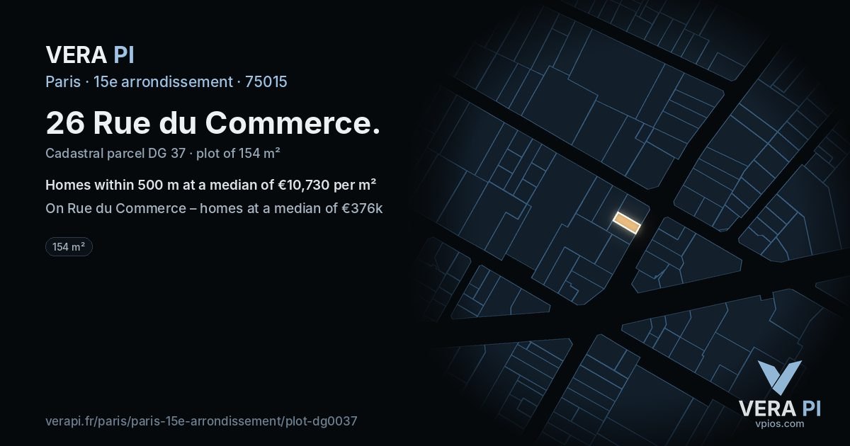26 Rue du Commerce, 15e arrondissement at night – the plot lit, the parcels around coloured by the prices near them