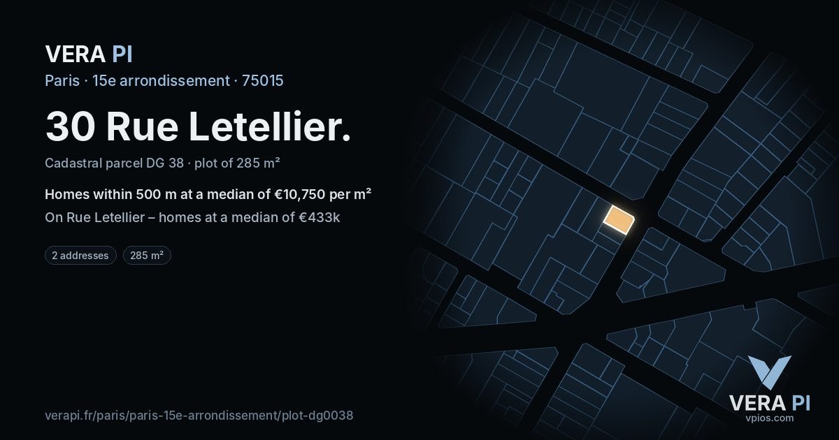 30 Rue Letellier, 15e arrondissement at night – the plot lit, the parcels around coloured by the prices near them
