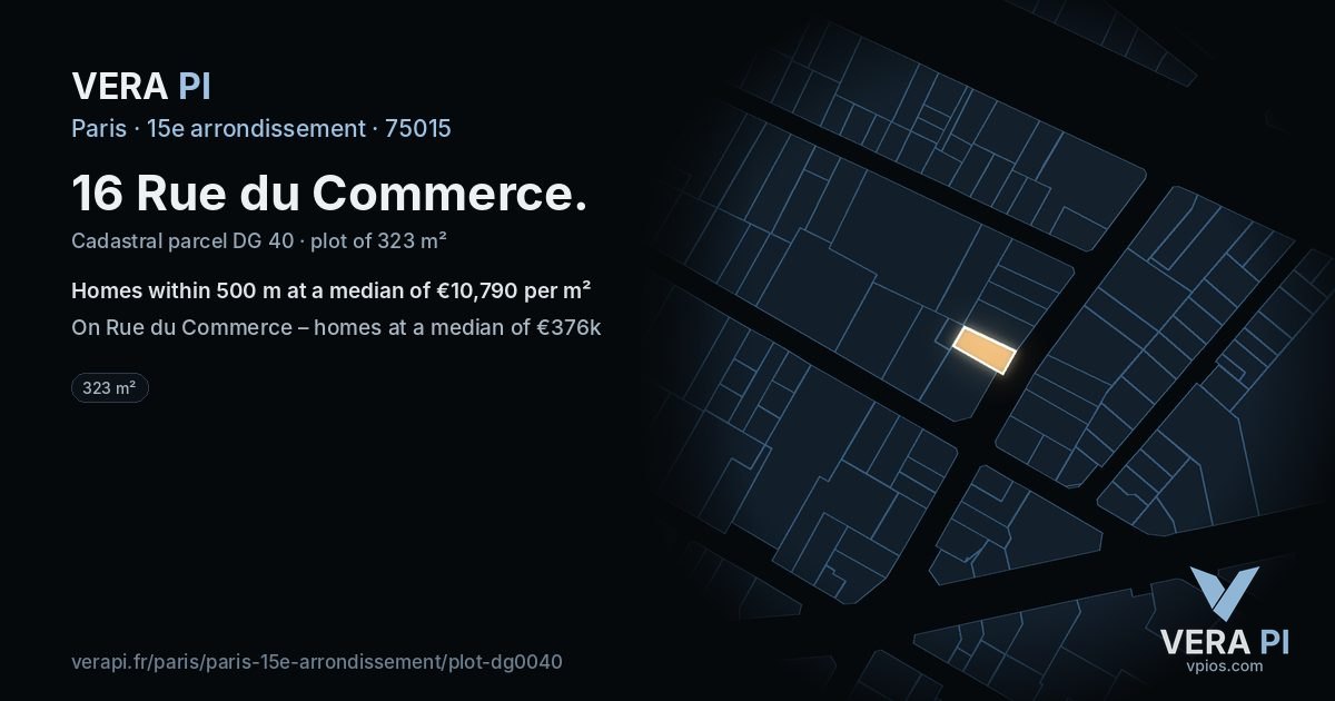 16 Rue du Commerce, 15e arrondissement at night – the plot lit, the parcels around coloured by the prices near them