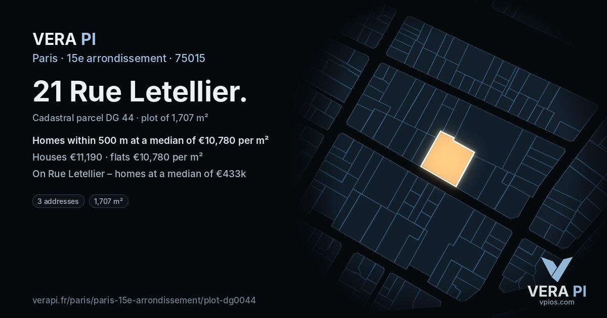 21 Rue Letellier, 15e arrondissement at night – the plot lit, the parcels around coloured by the prices near them