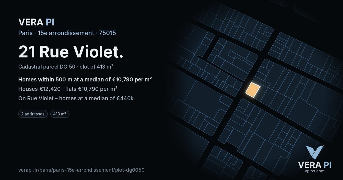21 Rue Violet, 15e arrondissement at night – the plot lit, the parcels around coloured by the prices near them