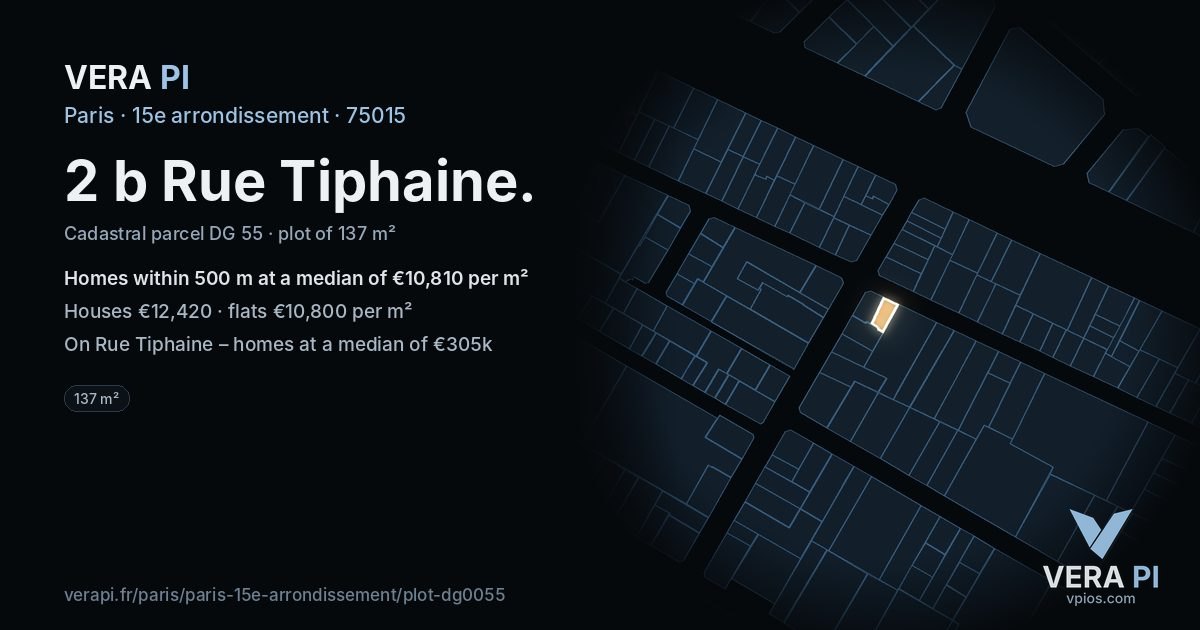 2 b Rue Tiphaine, 15e arrondissement at night – the plot lit, the parcels around coloured by the prices near them
