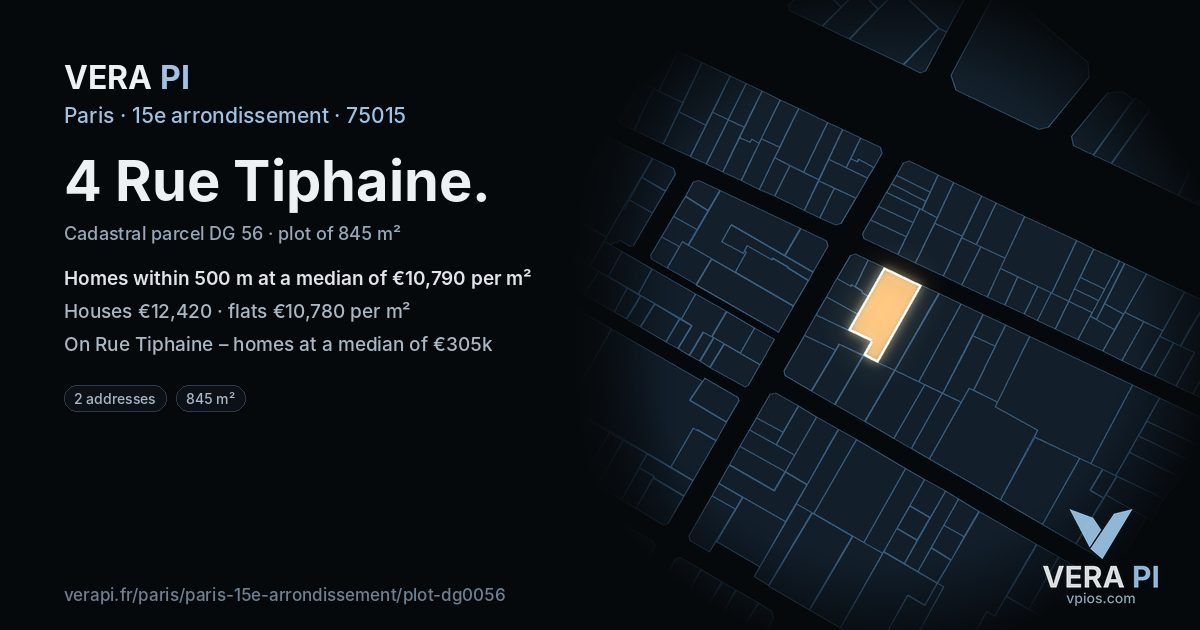 4 Rue Tiphaine, 15e arrondissement at night – the plot lit, the parcels around coloured by the prices near them