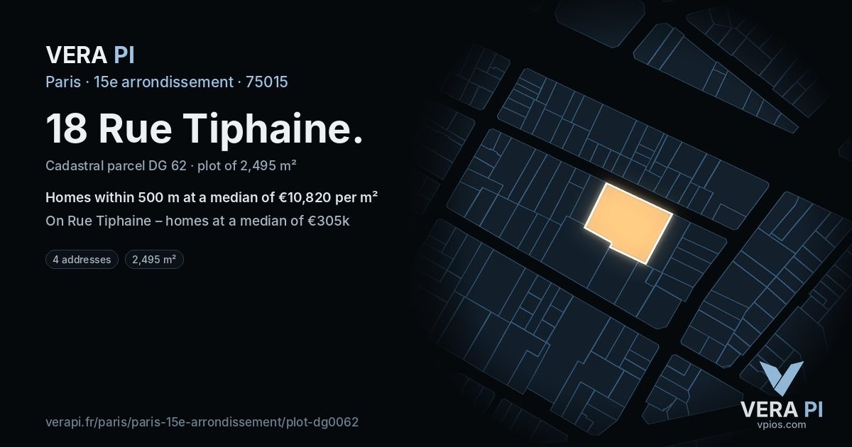 18 Rue Tiphaine, 15e arrondissement at night – the plot lit, the parcels around coloured by the prices near them