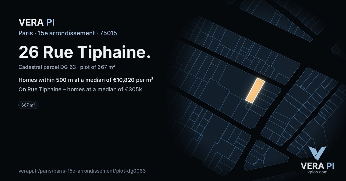 26 Rue Tiphaine, 15e arrondissement at night – the plot lit, the parcels around coloured by the prices near them