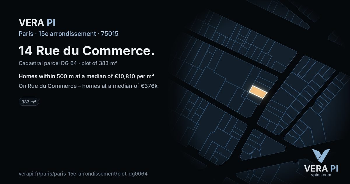 14 Rue du Commerce, 15e arrondissement at night – the plot lit, the parcels around coloured by the prices near them