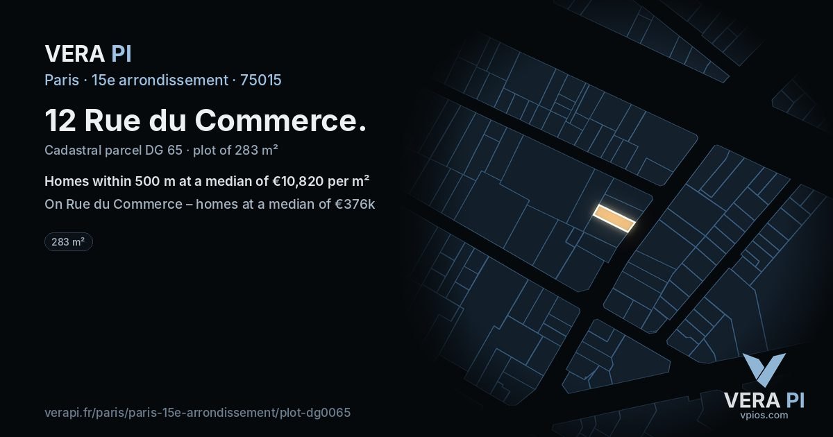 12 Rue du Commerce, 15e arrondissement at night – the plot lit, the parcels around coloured by the prices near them