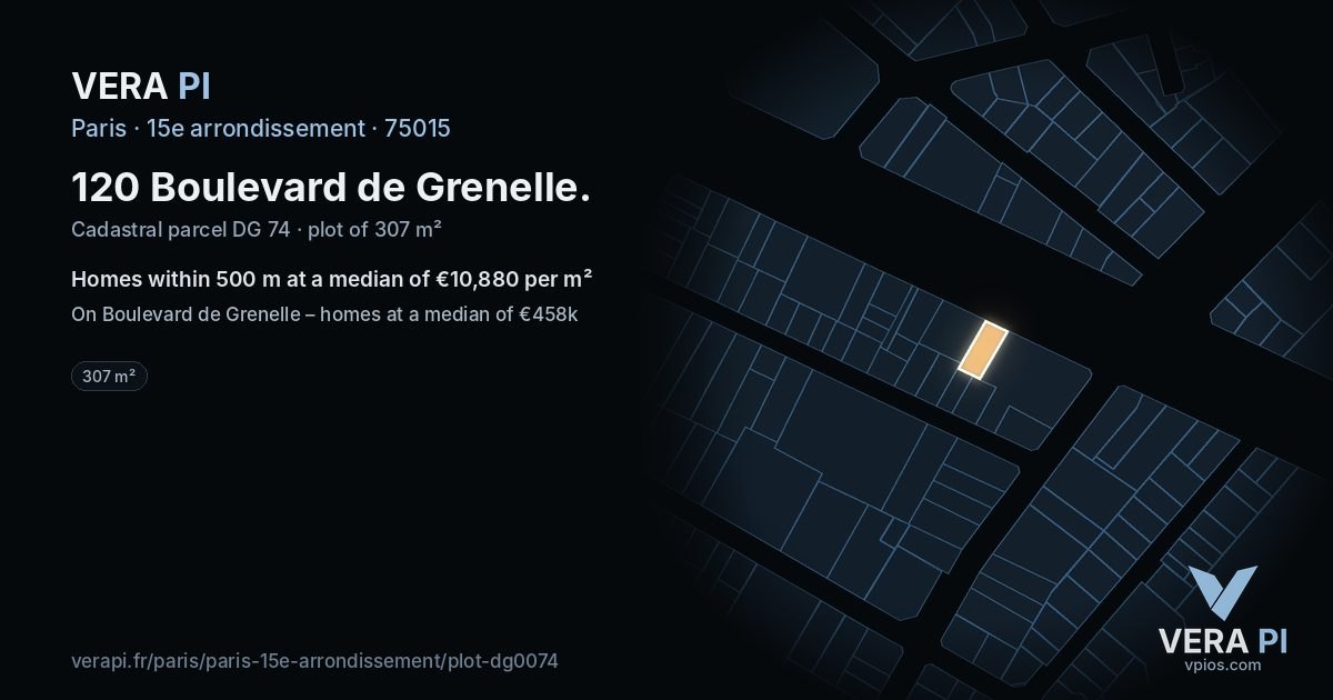120 Boulevard de Grenelle, 15e arrondissement at night – the plot lit, the parcels around coloured by the prices near them