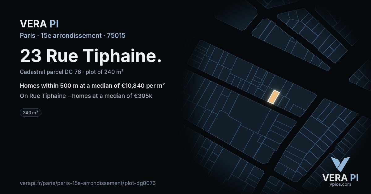 23 Rue Tiphaine, 15e arrondissement at night – the plot lit, the parcels around coloured by the prices near them