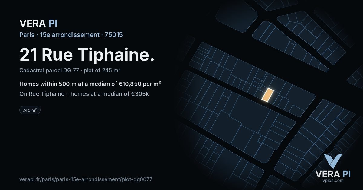 21 Rue Tiphaine, 15e arrondissement at night – the plot lit, the parcels around coloured by the prices near them