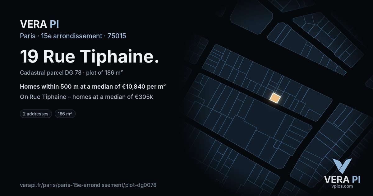 19 Rue Tiphaine, 15e arrondissement at night – the plot lit, the parcels around coloured by the prices near them