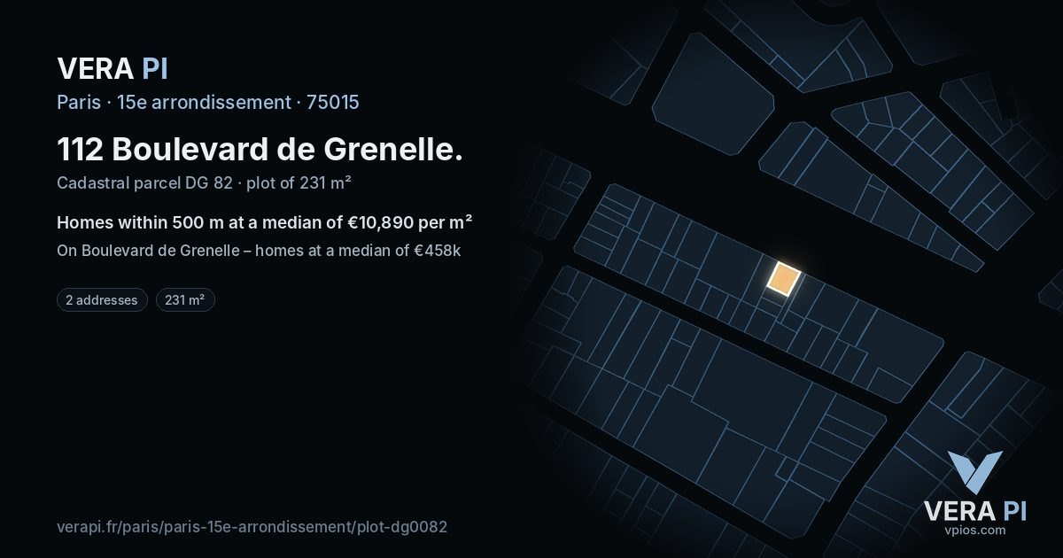 112 Boulevard de Grenelle, 15e arrondissement at night – the plot lit, the parcels around coloured by the prices near them