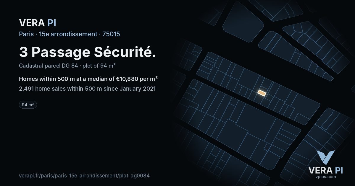 3 Passage Sécurité, 15e arrondissement at night – the plot lit, the parcels around coloured by the prices near them