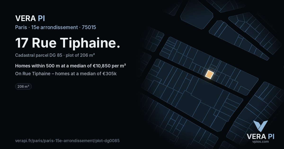 17 Rue Tiphaine, 15e arrondissement at night – the plot lit, the parcels around coloured by the prices near them