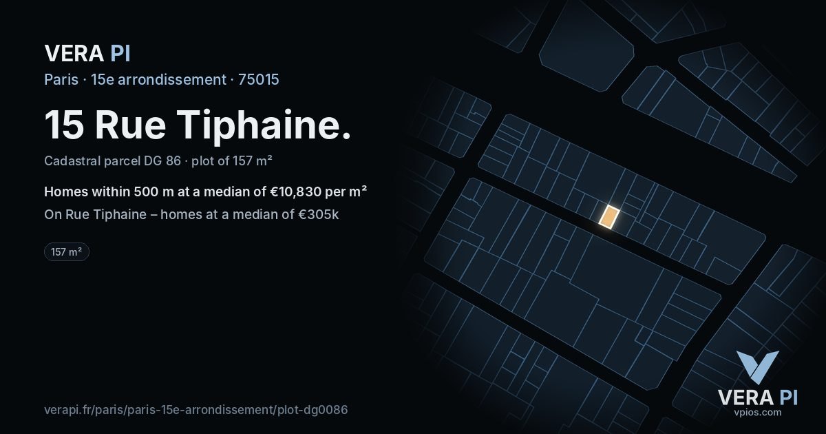 15 Rue Tiphaine, 15e arrondissement at night – the plot lit, the parcels around coloured by the prices near them