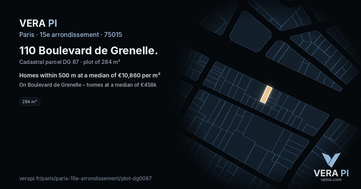 110 Boulevard de Grenelle, 15e arrondissement at night – the plot lit, the parcels around coloured by the prices near them