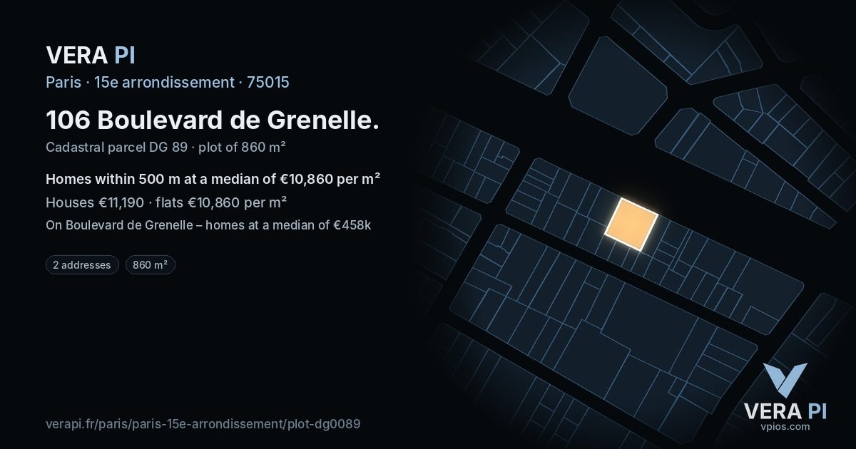 106 Boulevard de Grenelle, 15e arrondissement at night – the plot lit, the parcels around coloured by the prices near them
