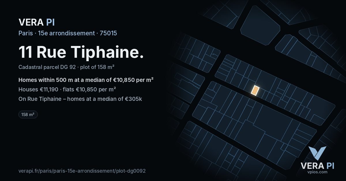 11 Rue Tiphaine, 15e arrondissement at night – the plot lit, the parcels around coloured by the prices near them