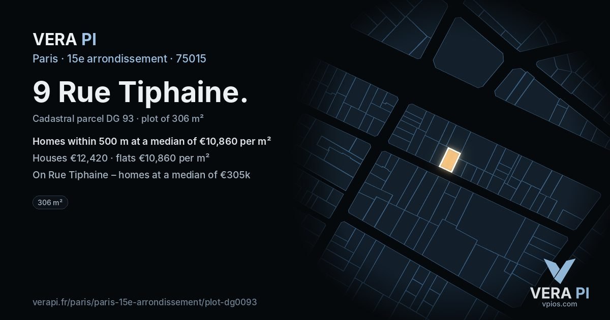 9 Rue Tiphaine, 15e arrondissement at night – the plot lit, the parcels around coloured by the prices near them