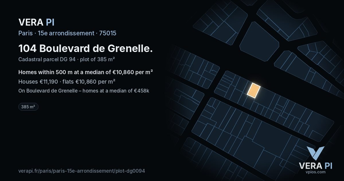 104 Boulevard de Grenelle, 15e arrondissement at night – the plot lit, the parcels around coloured by the prices near them