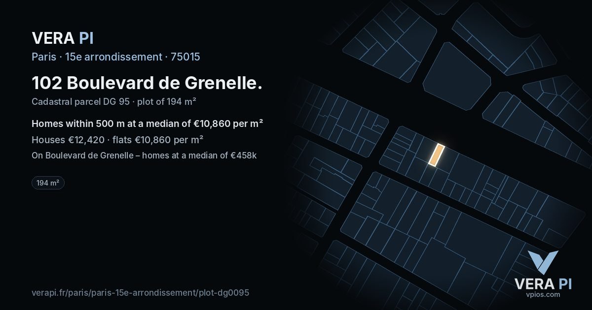 102 Boulevard de Grenelle, 15e arrondissement at night – the plot lit, the parcels around coloured by the prices near them