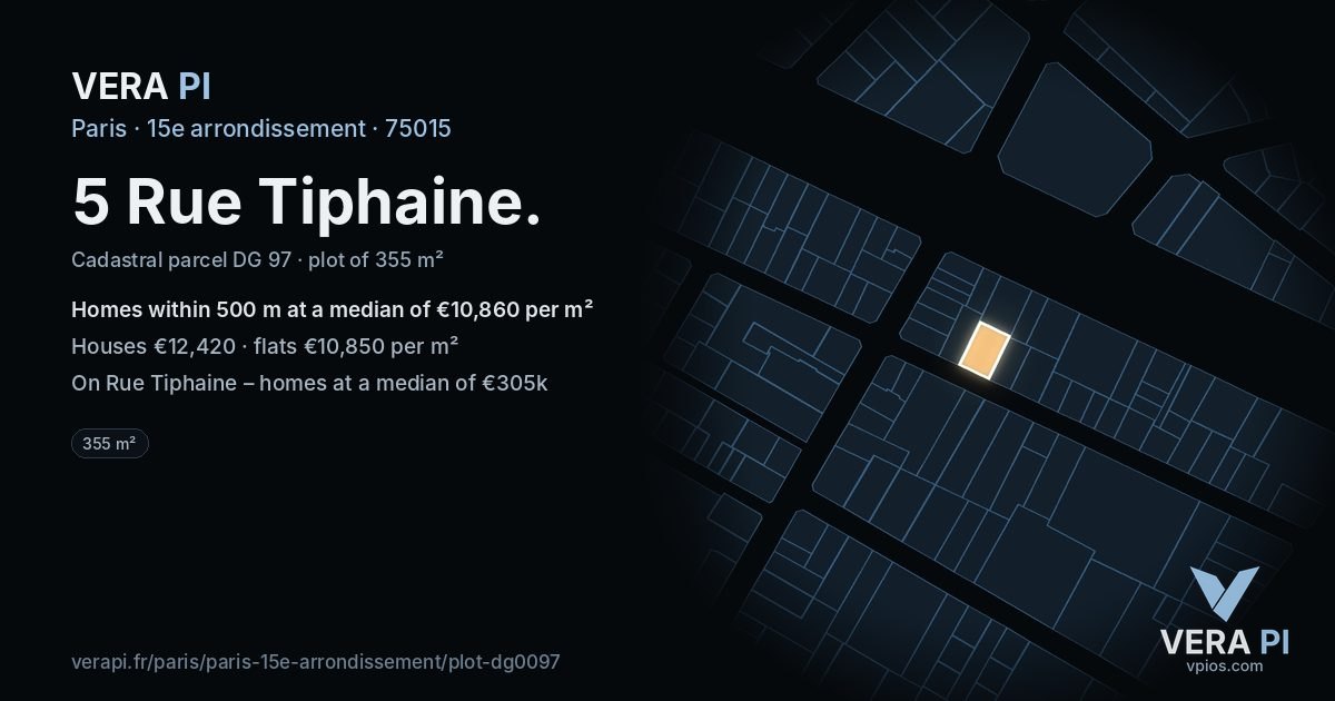 5 Rue Tiphaine, 15e arrondissement at night – the plot lit, the parcels around coloured by the prices near them