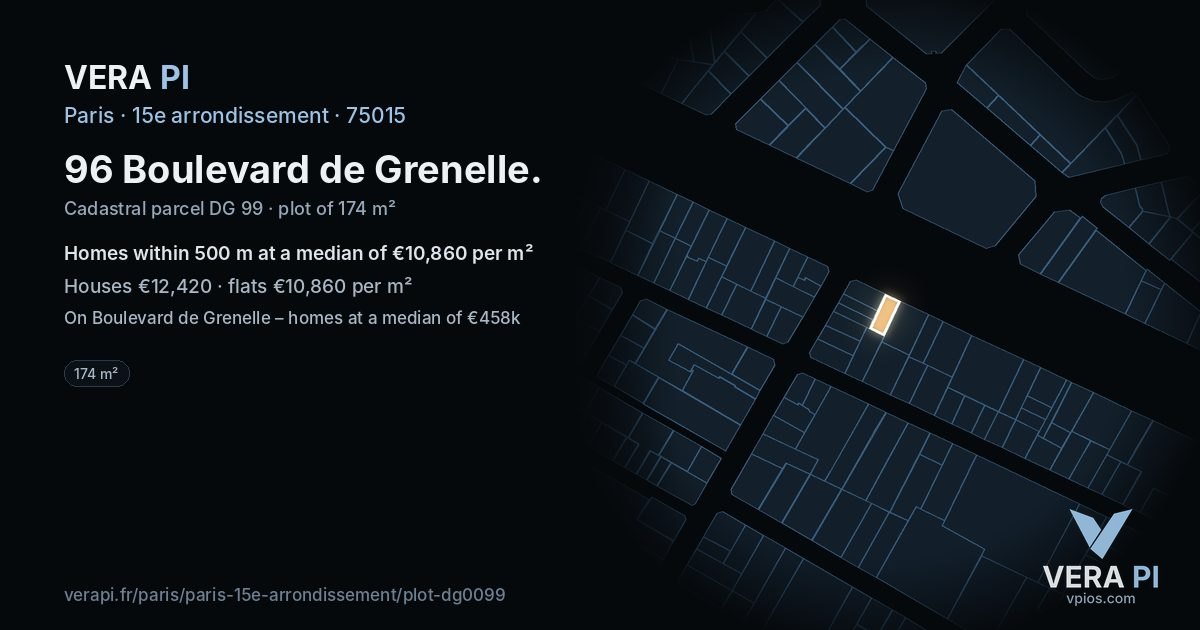96 Boulevard de Grenelle, 15e arrondissement at night – the plot lit, the parcels around coloured by the prices near them