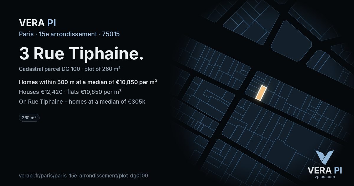 3 Rue Tiphaine, 15e arrondissement at night – the plot lit, the parcels around coloured by the prices near them