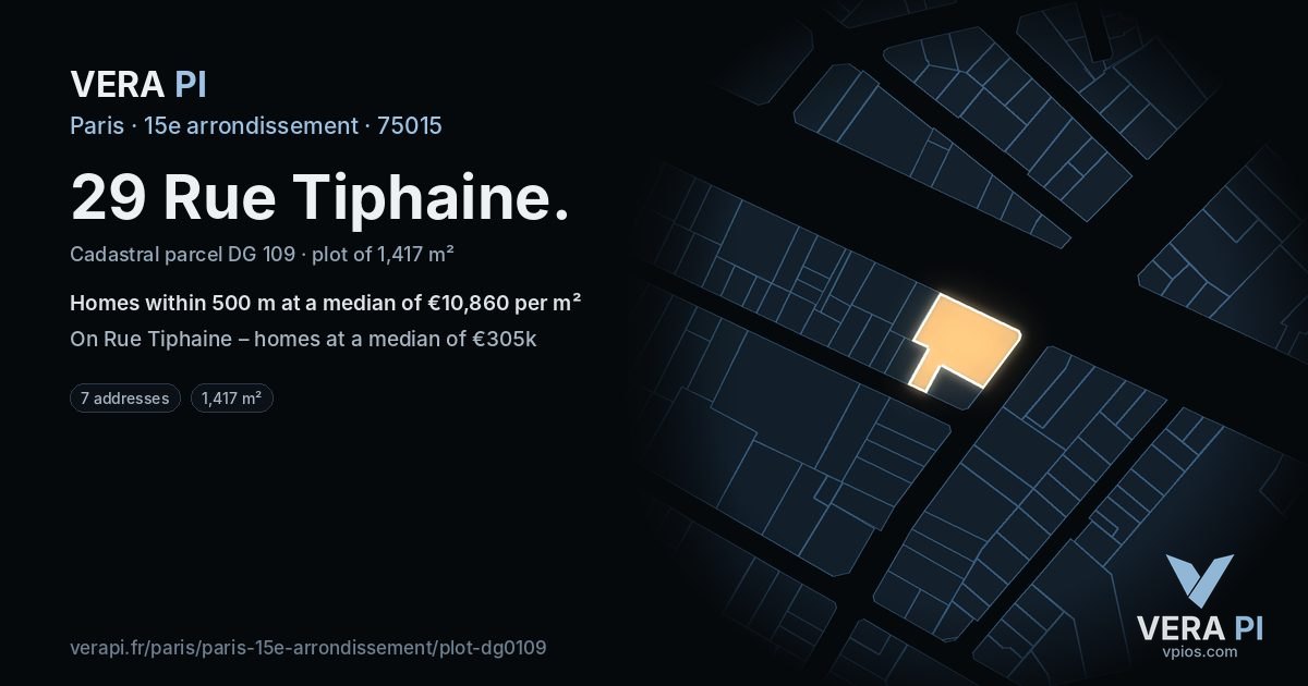 29 Rue Tiphaine, 15e arrondissement at night – the plot lit, the parcels around coloured by the prices near them