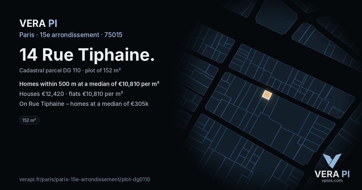 14 Rue Tiphaine, 15e arrondissement at night – the plot lit, the parcels around coloured by the prices near them