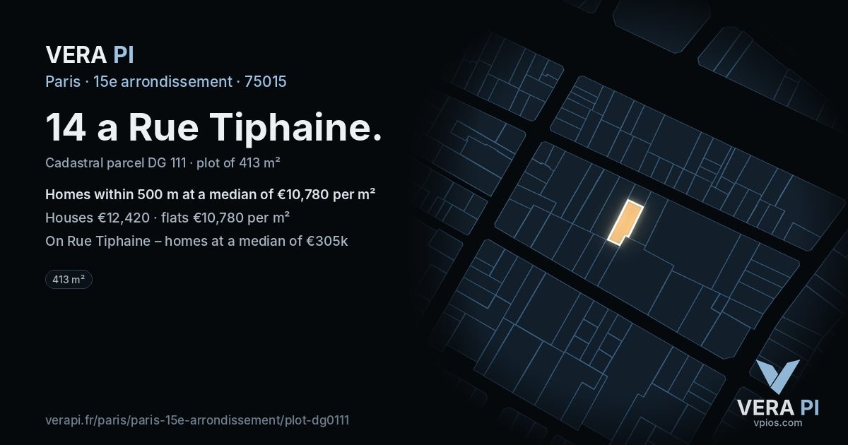 14 a Rue Tiphaine, 15e arrondissement at night – the plot lit, the parcels around coloured by the prices near them