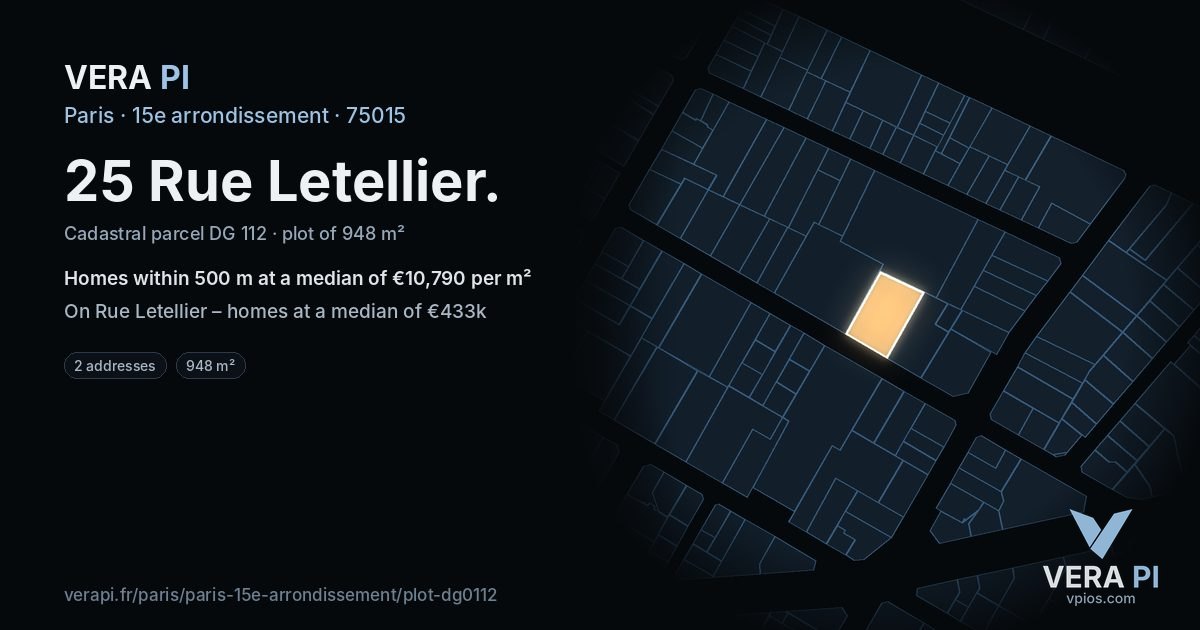 25 Rue Letellier, 15e arrondissement at night – the plot lit, the parcels around coloured by the prices near them