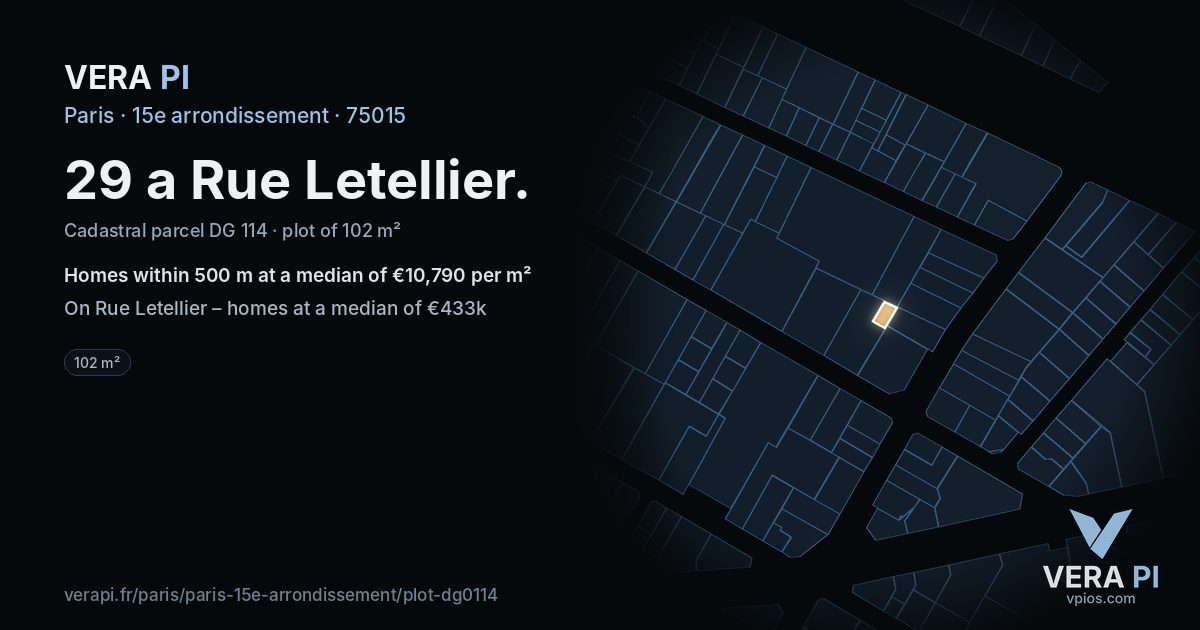 29 a Rue Letellier, 15e arrondissement at night – the plot lit, the parcels around coloured by the prices near them