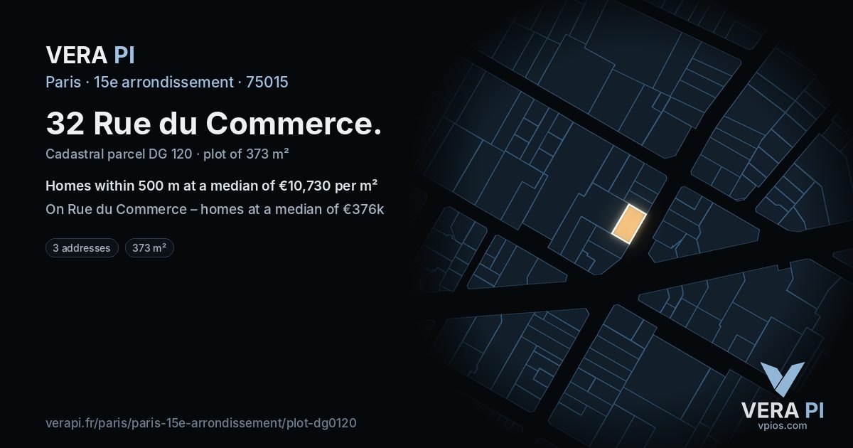 32 Rue du Commerce, 15e arrondissement at night – the plot lit, the parcels around coloured by the prices near them