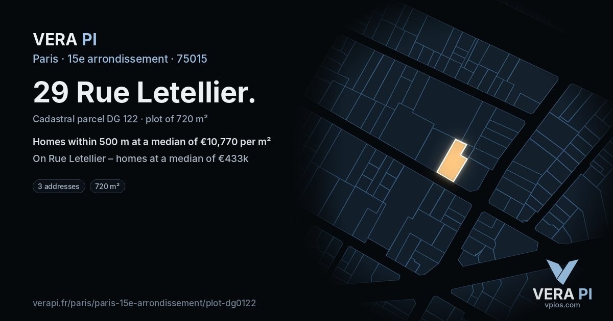 29 Rue Letellier, 15e arrondissement at night – the plot lit, the parcels around coloured by the prices near them