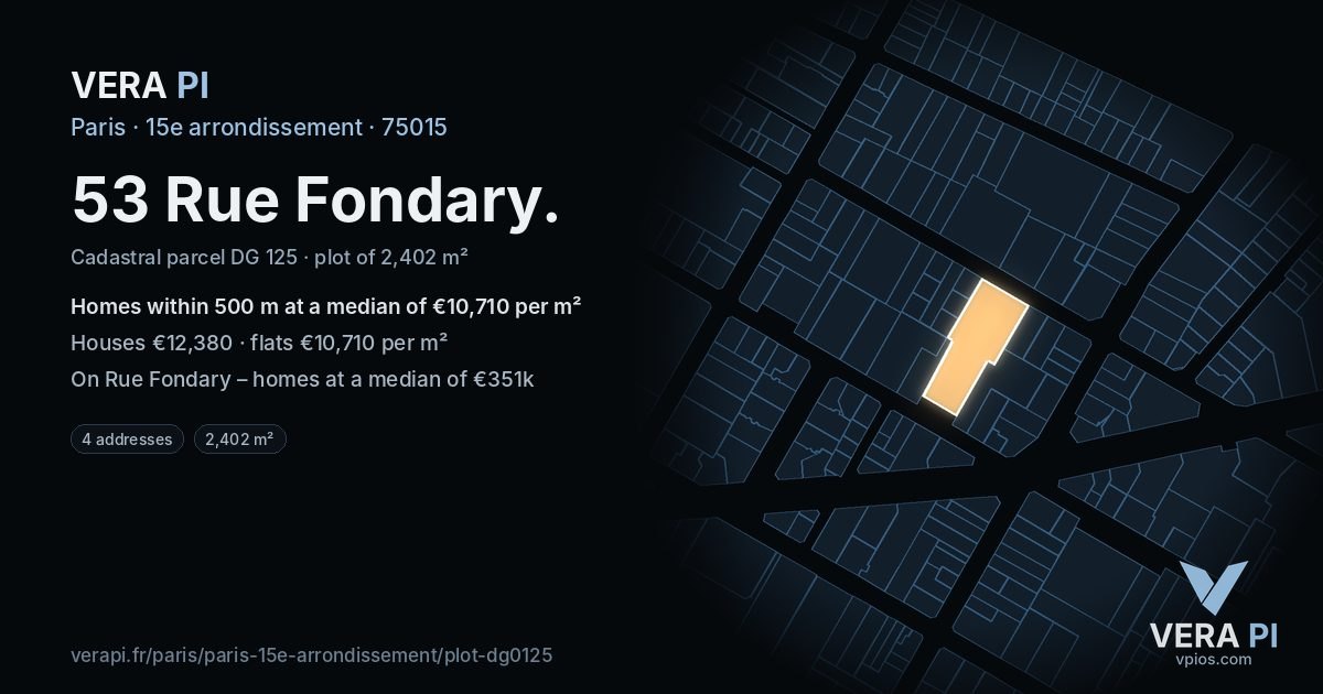 53 Rue Fondary, 15e arrondissement at night – the plot lit, the parcels around coloured by the prices near them