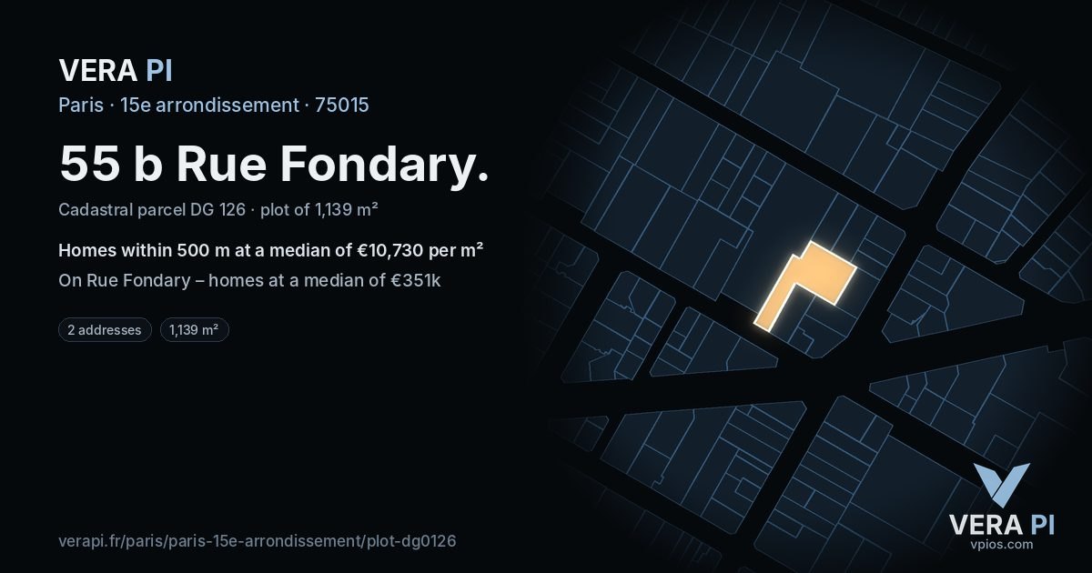 55 b Rue Fondary, 15e arrondissement at night – the plot lit, the parcels around coloured by the prices near them
