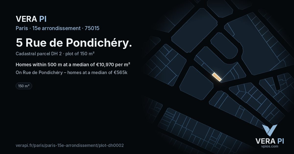 5 Rue de Pondichéry, 15e arrondissement at night – the plot lit, the parcels around coloured by the prices near them