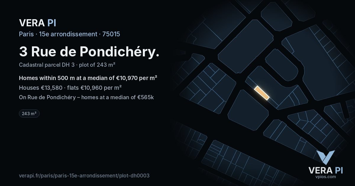3 Rue de Pondichéry, 15e arrondissement at night – the plot lit, the parcels around coloured by the prices near them